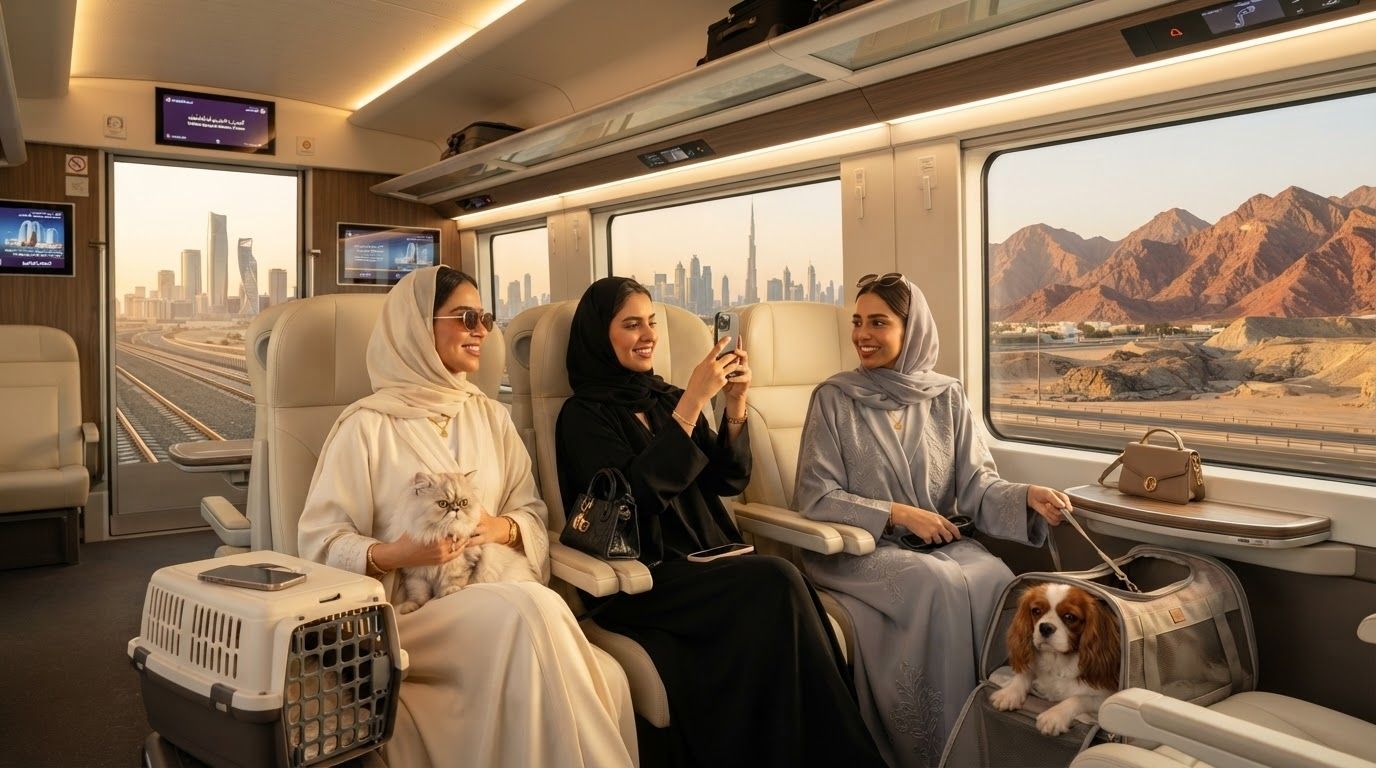 A sleek modern passenger train traveling through a desert landscape with urban skyscrapers in the distance.