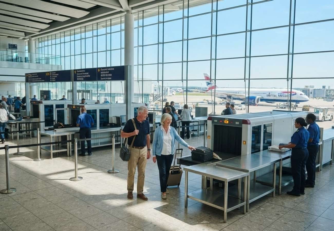 Passengers queuing at a European airport biometric border control kiosk