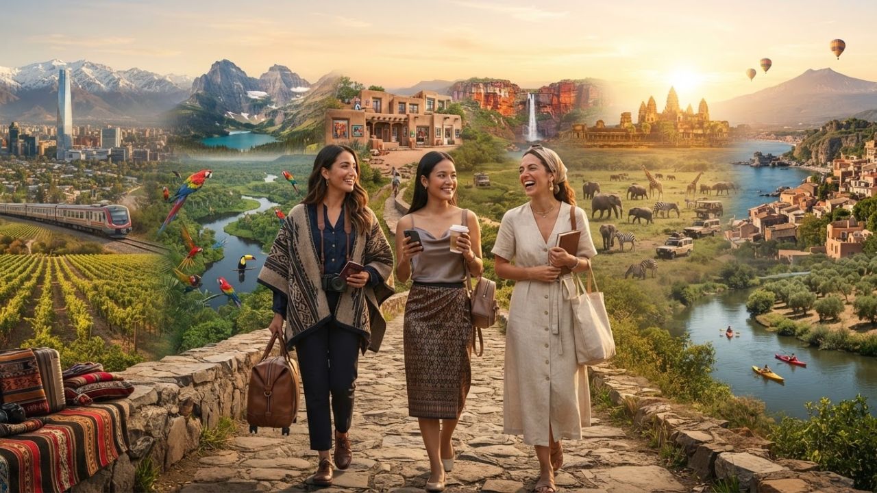 A majestic viewpoint showcasing a traveler looking out over a stunning landscape combining mountains and ancient historic ruins.