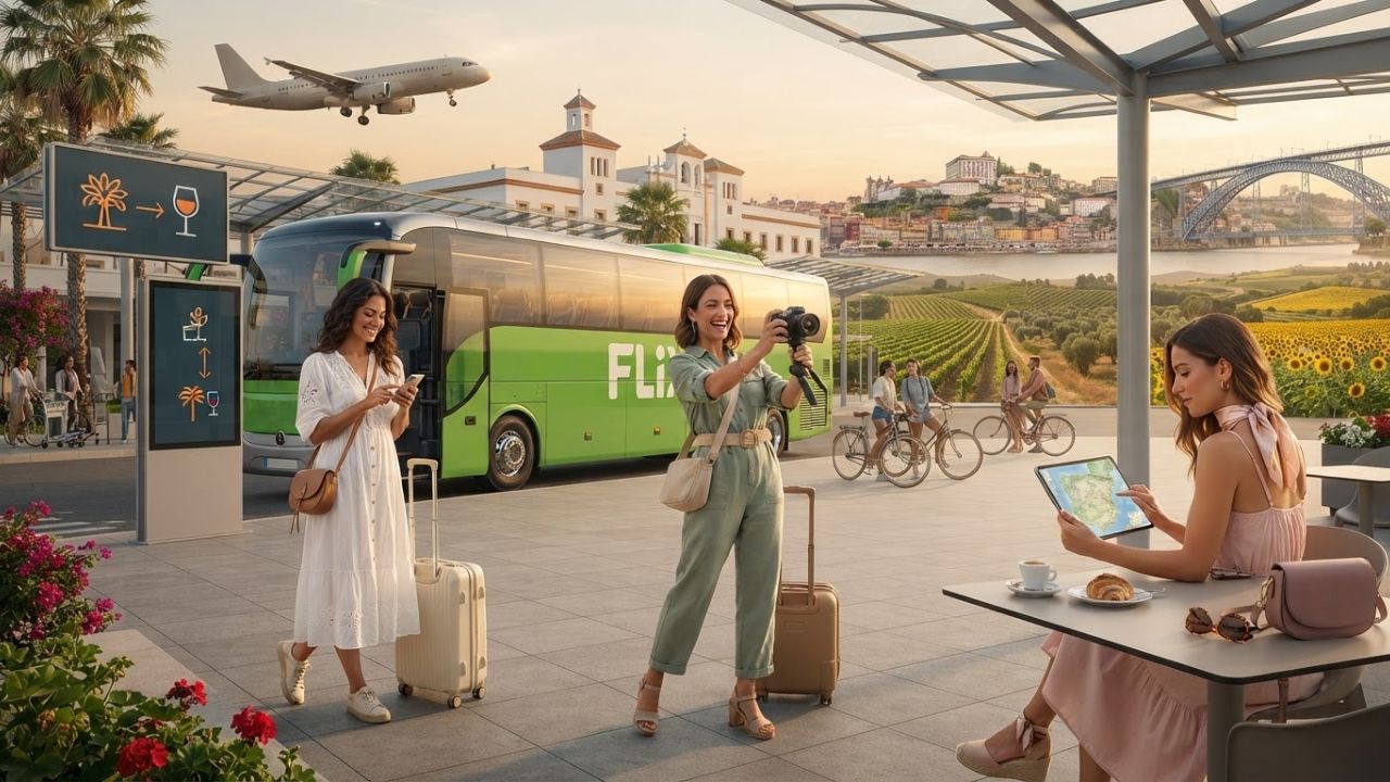 A FlixBus coach parked at a modern airport terminal gate, ready to board passengers for Porto.