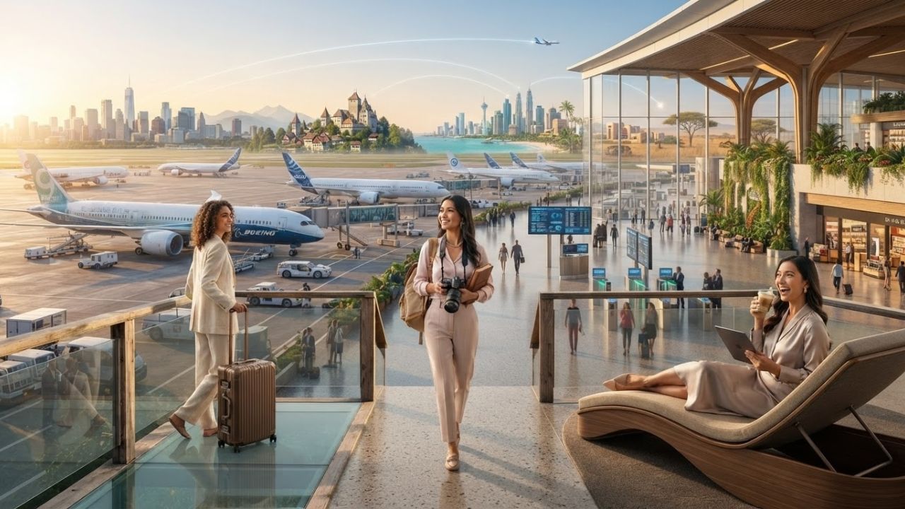 A composite view of modern passenger jetliners and e-commerce cargo planes at a major international hub airport, representing fleet expansion.