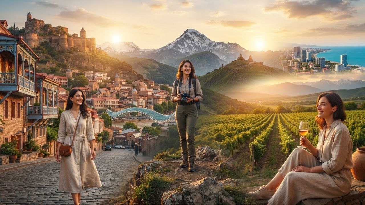 A solo traveler overlooking the historic Narikala Fortress and old town skyline in Tbilisi, Georgia during sunset.