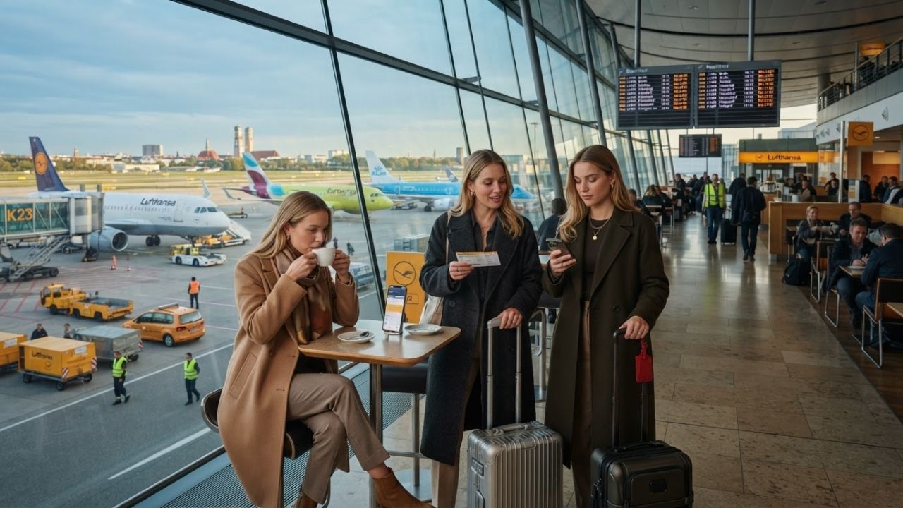 A terminal hall at Munich Airport with passengers waiting near gates and flight departure monitors showing delays