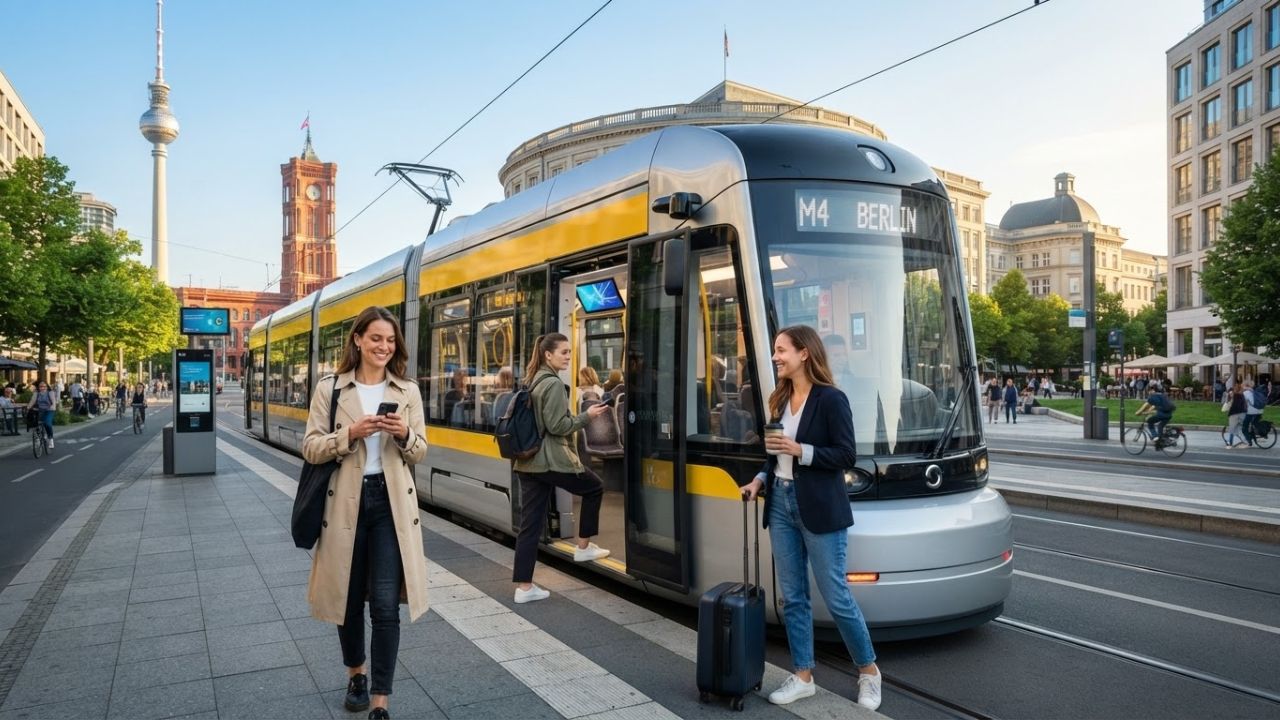 A modern, extra-long yellow tram traveling along the streets of Berlin near Alexanderplatz.