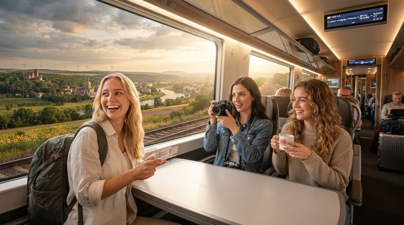 A sleek modern high-speed train traveling through the scenic German countryside towards the eastern border.