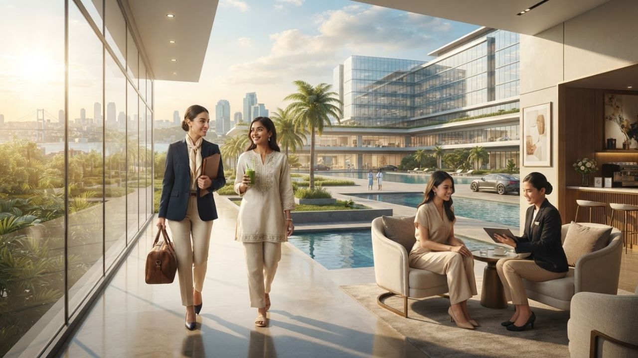 A photorealistic depiction of a modern medical facility lobby in a tropical destination, illustrating luxury healthcare travel.