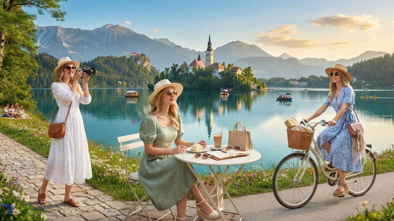 A picturesque view of Lake Bled in Slovenia with the island church surrounded by calm waters and mountains.