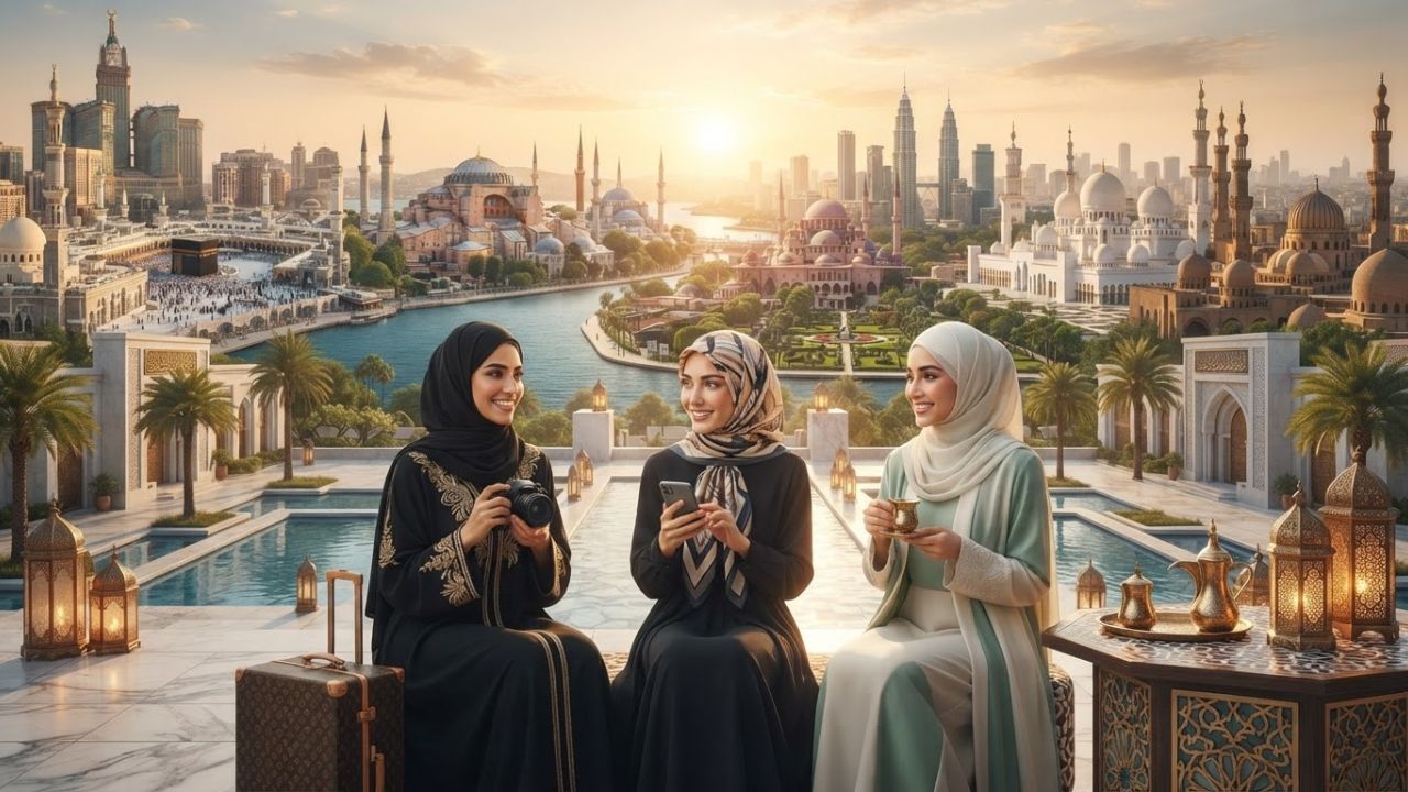 A photorealistic view of historic Islamic architecture under clear skies, with pilgrims gathered near a grand mosque courtyard.