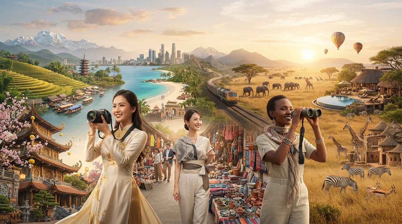 A guided travel group exploring historical ruins in Asia and observing wildlife on an African safari.