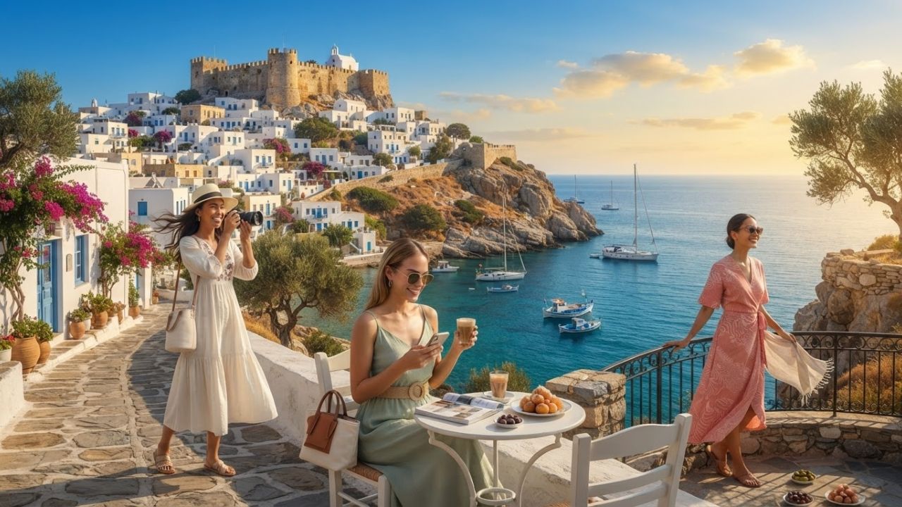 A scenic view of the capital Chora in Astypalaia, showing whitewashed buildings beneath a historic Venetian castle.