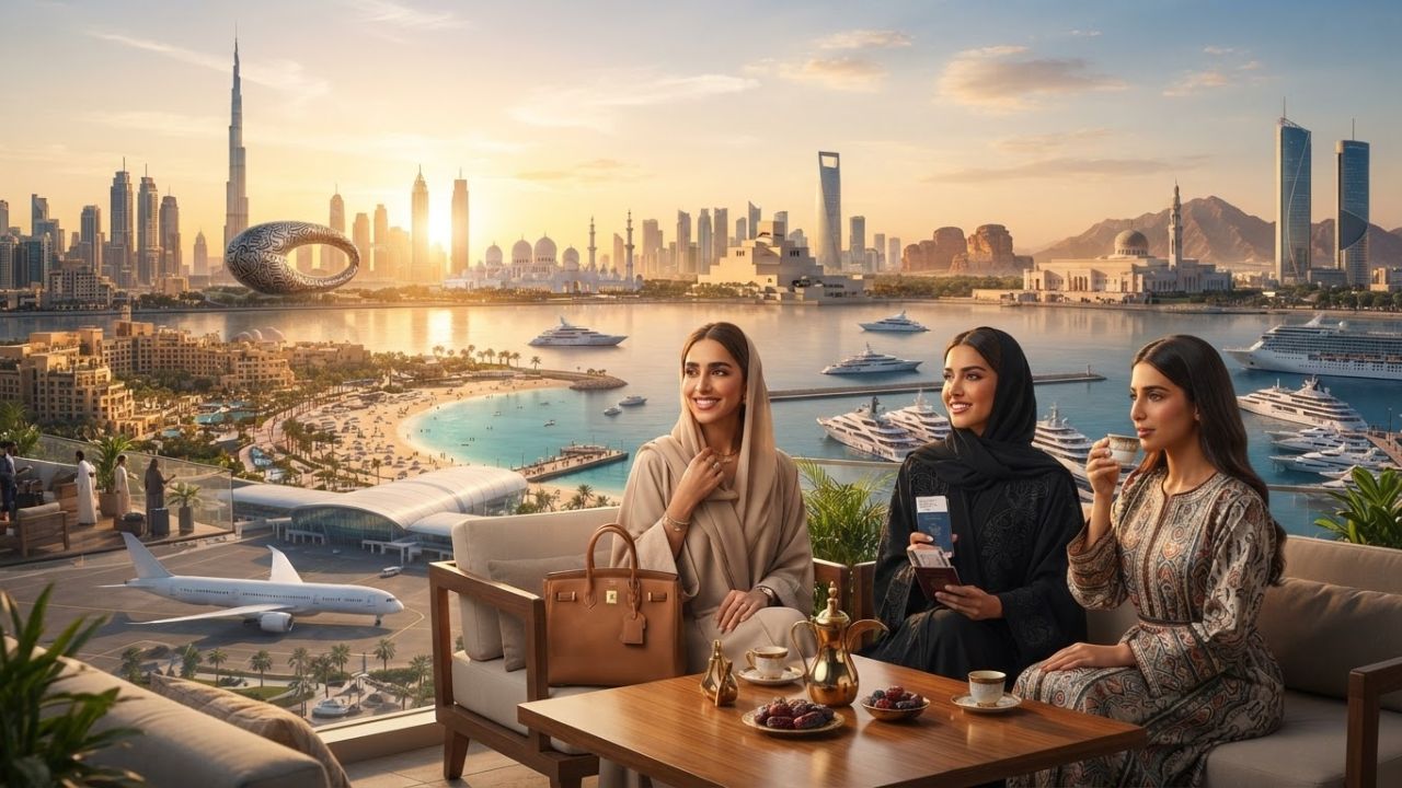 A photorealistic view of modern city skylines in the Gulf region under a bright sunrise, symbolizing regional travel growth.