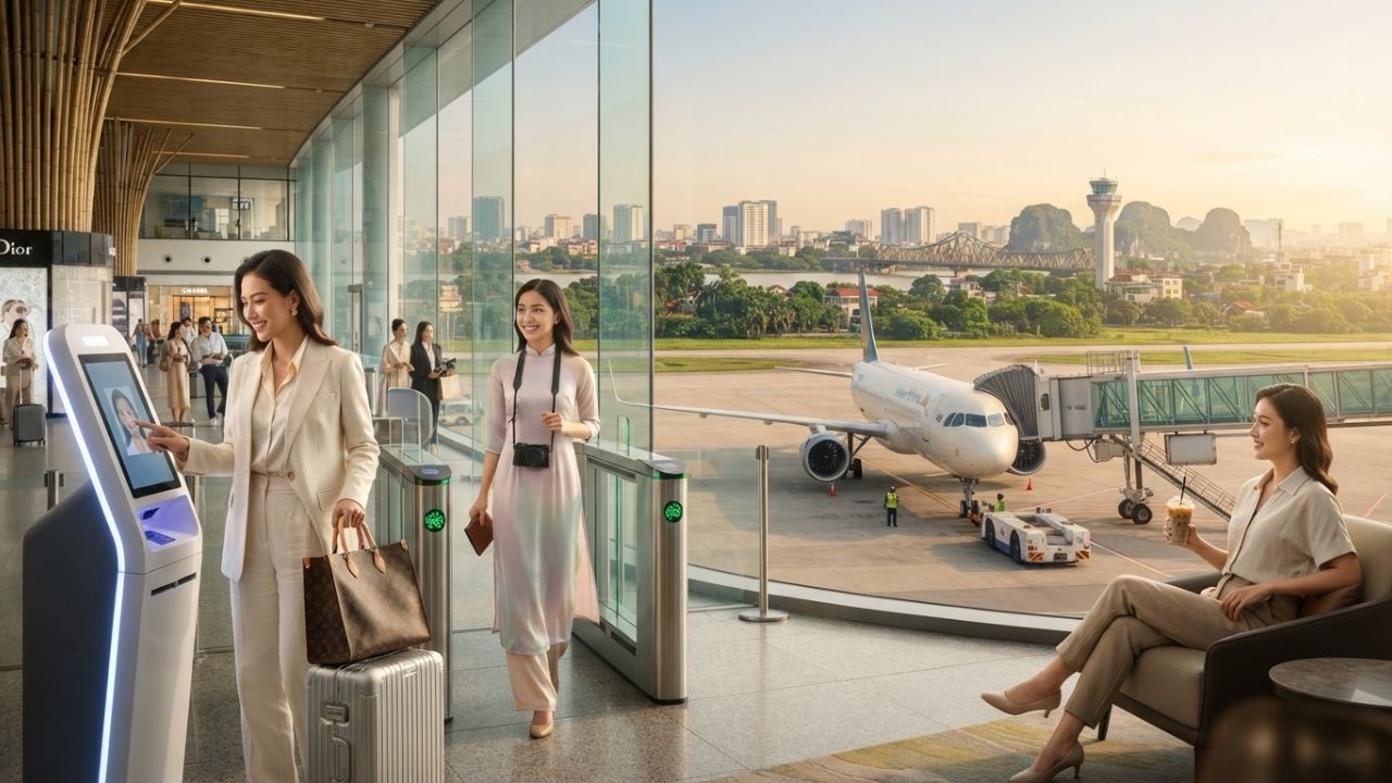 A photorealistic depiction of a high-tech biometric scanner scanning a passenger's face inside a bright airport terminal.
