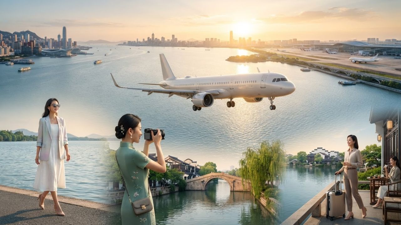 A photorealistic depiction of a commercial passenger plane landing at a regional airport near Lake Tai, Wuxi, China.