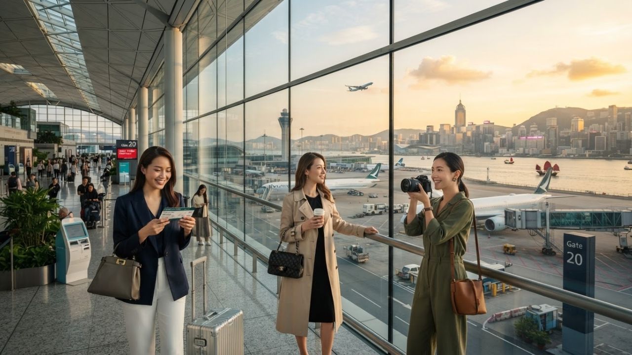 A modern view of Hong Kong International Airport's newly expanded Terminal 2 with aircraft and passengers.