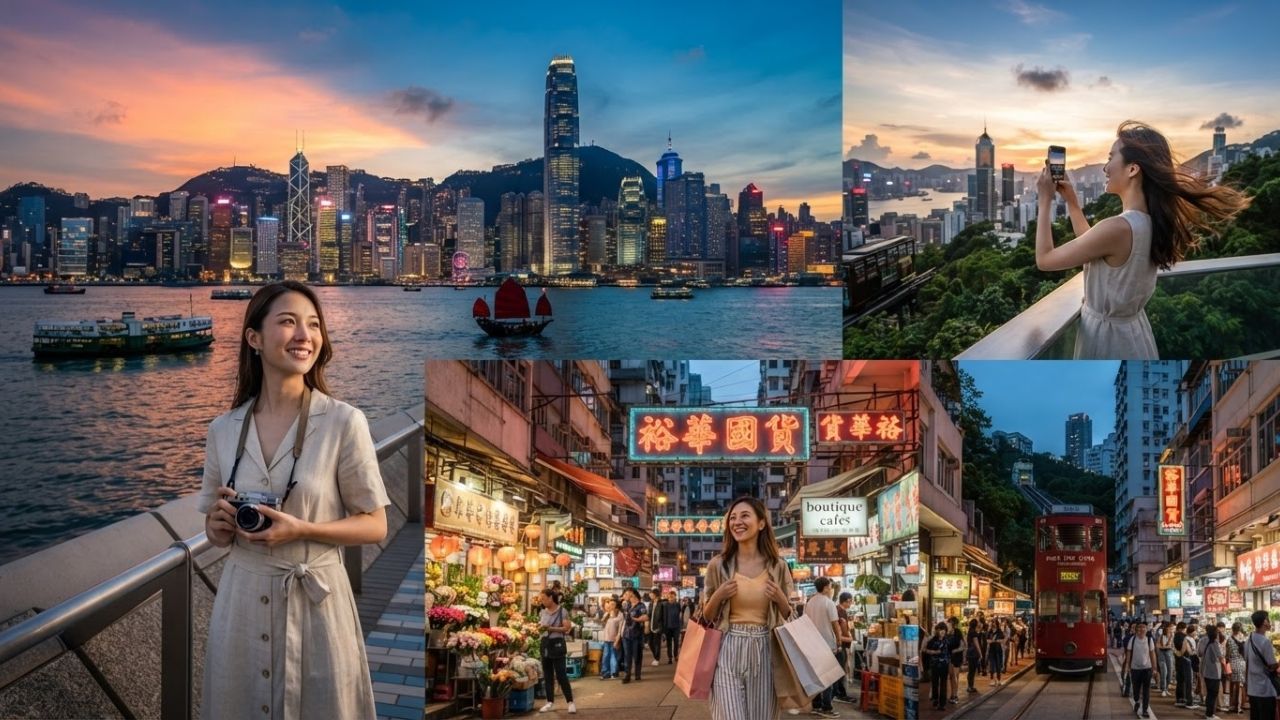 A vibrant evening view of Hong Kong's illuminated skyline and Victoria Harbour with traditional junk boats floating on the water.