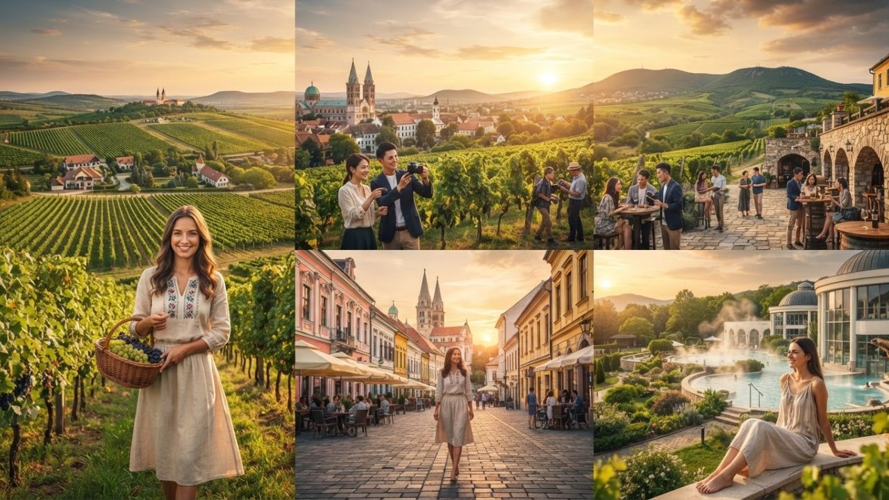 Chinese tourists exploring vineyard rows in the Villány wine region of southern Hungary with rolling hills and traditional wine cellars in the background.