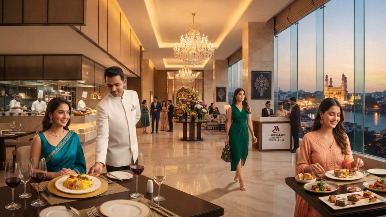 An elegant luxury dining setup at the Hyderabad Marriott Hotel overlooking Hussain Sagar lake with authentic South Indian dishes.