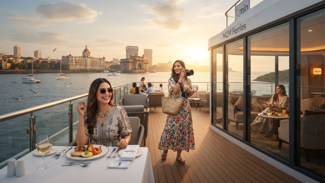 A large modern RoPax ferry vessel navigating Mumbai Harbour with passengers relaxing in outdoor seating areas.