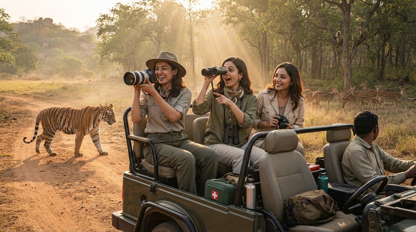 A majestic royal Bengal tiger resting in the tall grass of an Indian national park during a safari.
