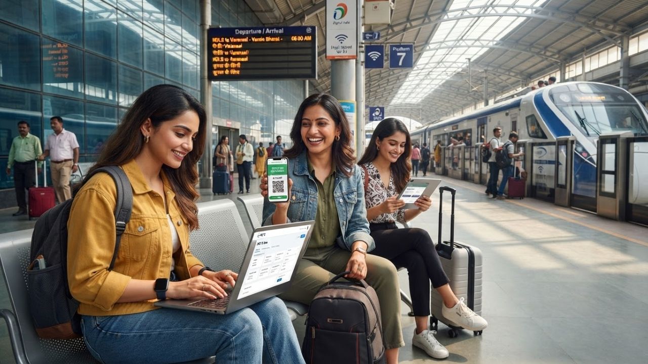 A traveler sitting on a railway station bench utilizing a laptop to access the new IRCTC Beta interface for train bookings.