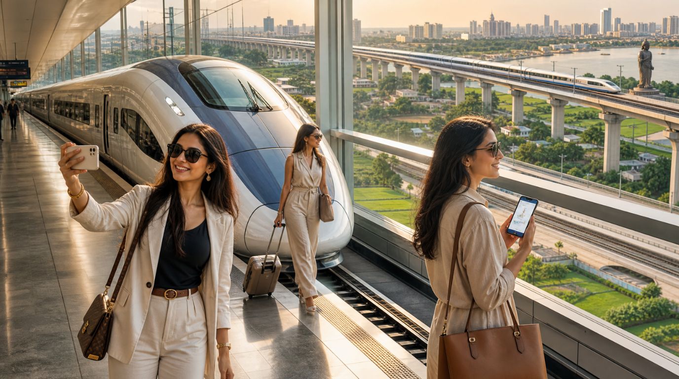A sleek silver high-speed train traveling on an elevated viaduct in western India.