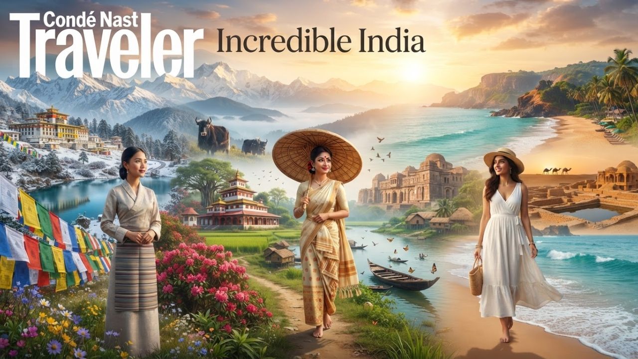 A panoramic view of Himalayan mountains near Tawang, traditional temples, and peaceful beaches, representing India's emerging tourism hotspots.