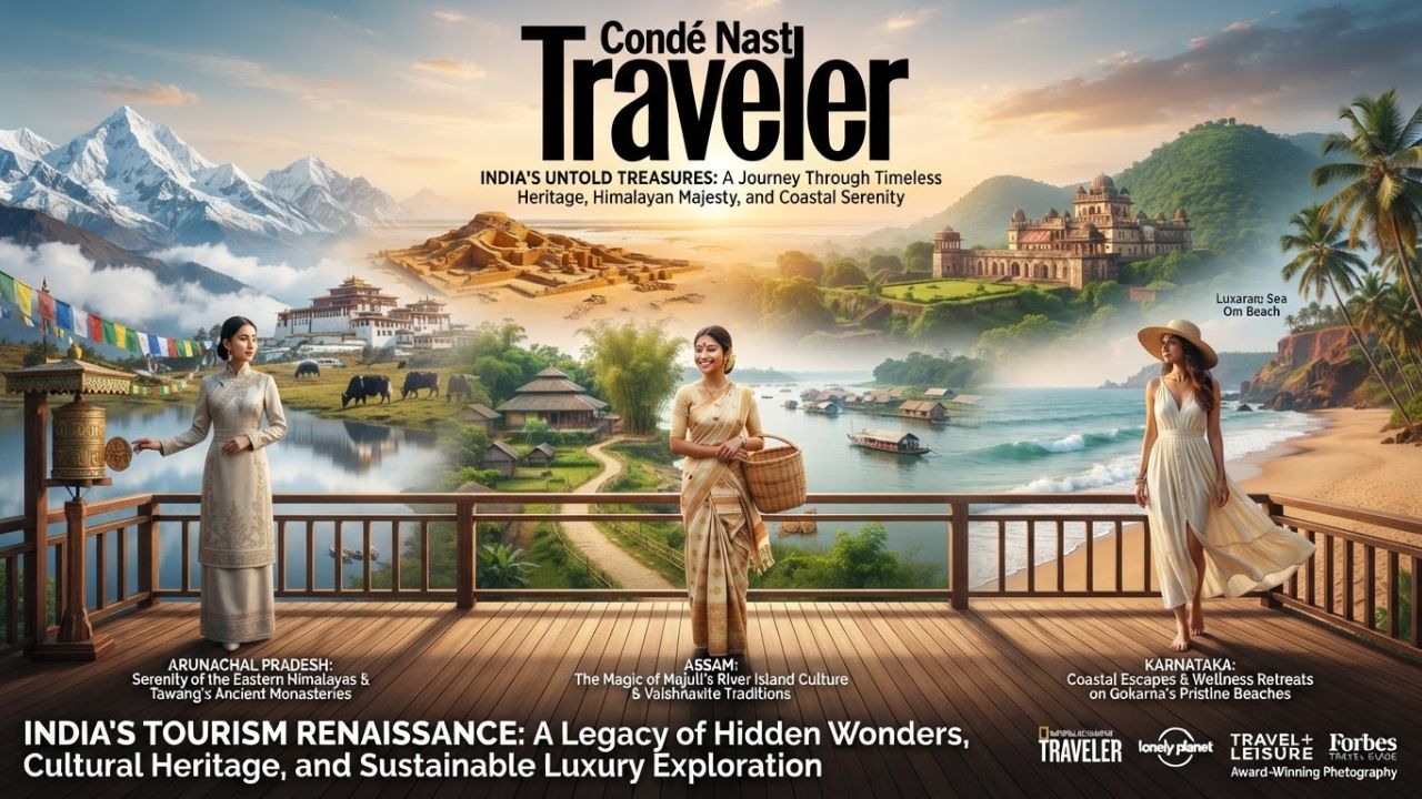 A majestic composite view of Dholavira's ancient ruins, Gokarna's serene coastline, and the snow-capped Himalayan peaks of Tawang.