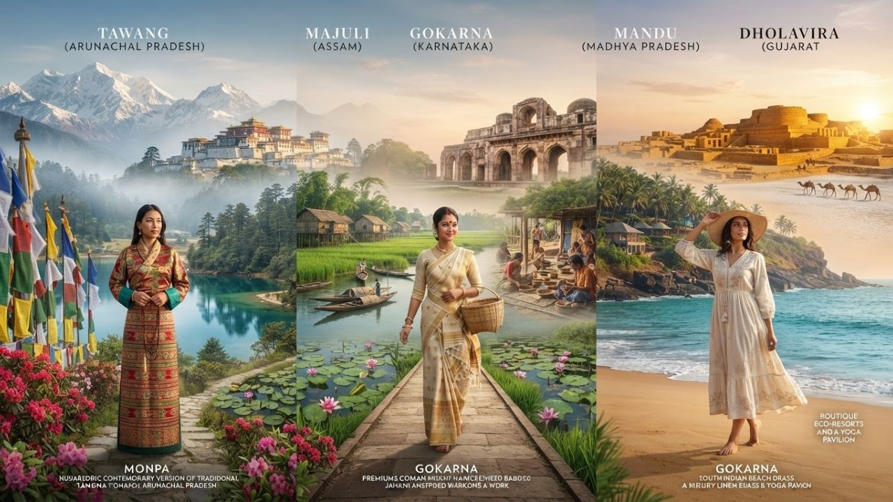 A majestic composite view highlighting Gokarna's clean beaches, Tawang's high-altitude monasteries, and Dholavira's ruins under clear blue skies.