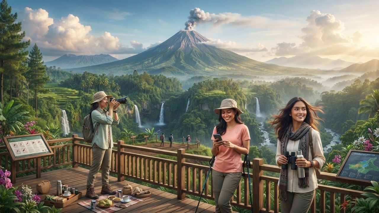 A traveler overlooking Mount Semeru as a large volcanic ash plume rises above green rice fields and tropical vegetation in East Java, Indonesia.