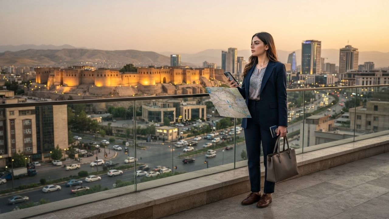 A photorealistic view of Erbil, Iraq under clear but tense skies, illustrating regional geopolitical challenges.