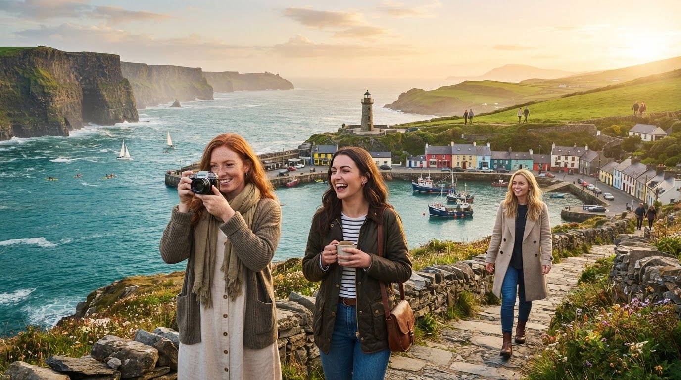 A scenic view of a historic Irish coastal harbor showing traditional colorful buildings and sea travel.