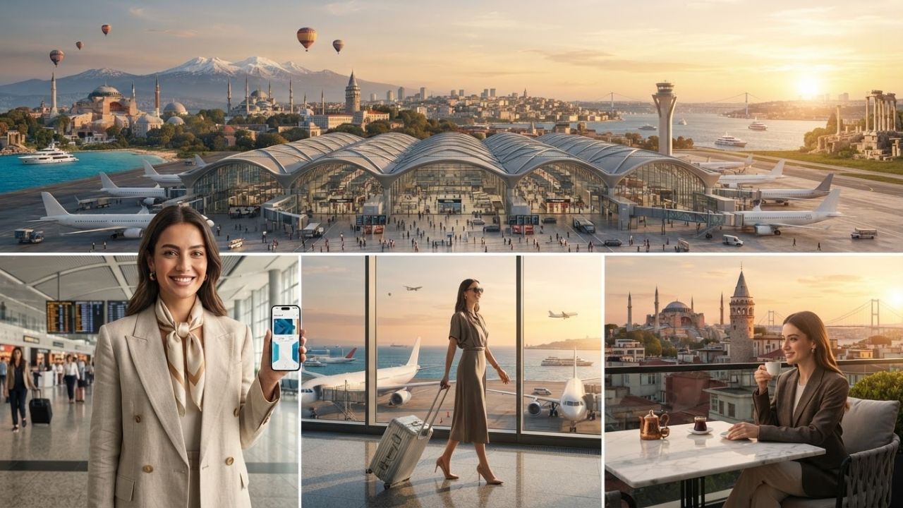 A vibrant, photorealistic view of Istanbul Airport's modern terminal filled with travelers under large arched roofs and floor-to-ceiling windows.