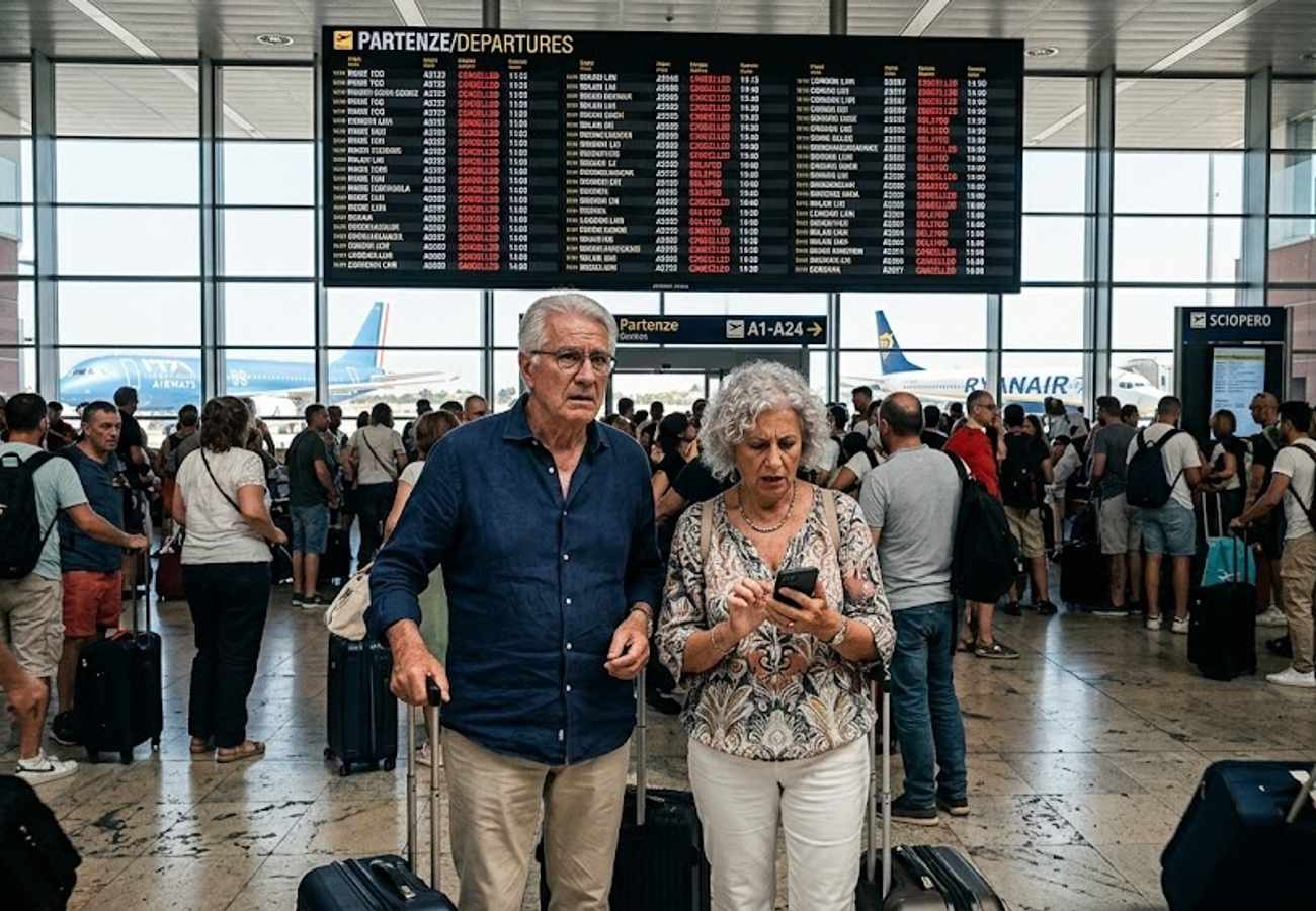 Departure boards at Italian airport showing widespread flight cancellations during nationwide strike