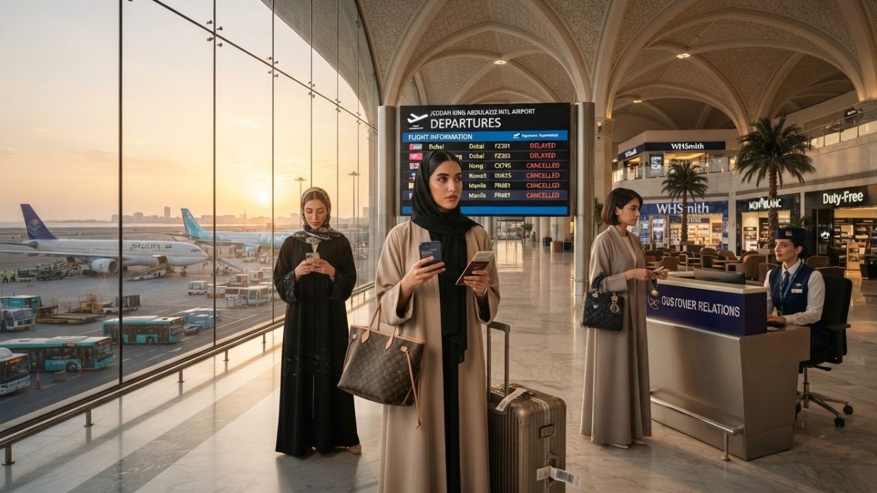 Departures terminal at Jeddah King Abdulaziz International Airport during operational disruptions