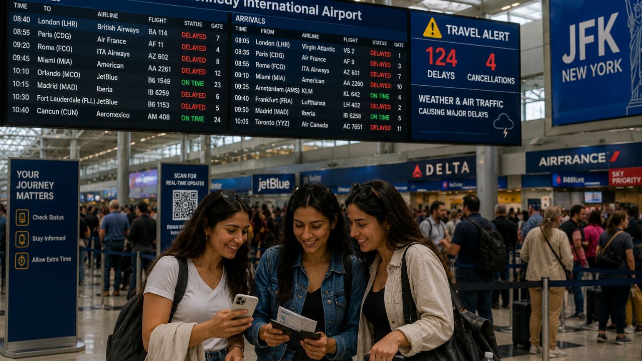 A busy terminal at JFK Airport in New York with crowded departure halls and electronic flight boards showing delays