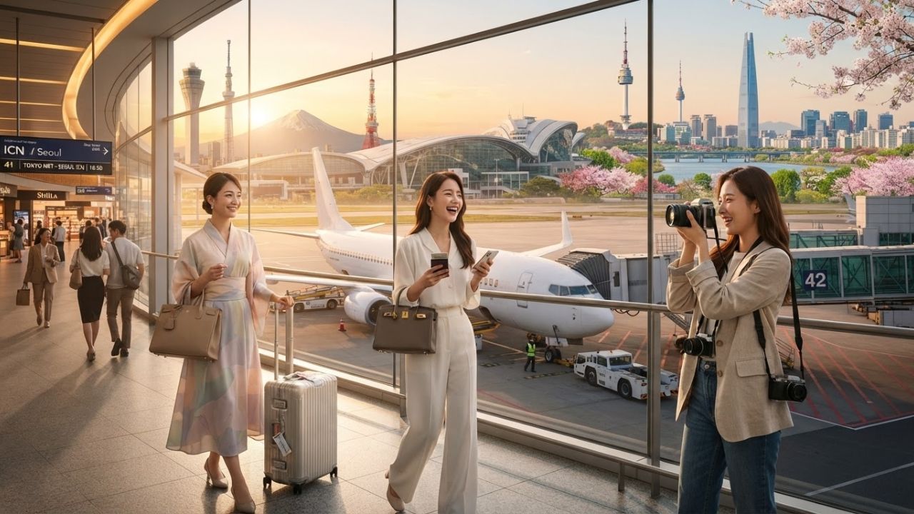 A photorealistic depiction of a modern Jin Air passenger plane taxiing slowly on a bright airport runway under clear blue skies.