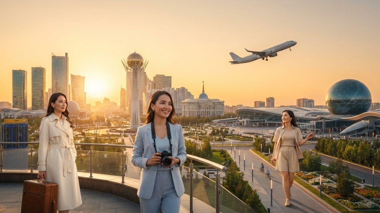 A scenic view of Astana's modern futuristic glass skyline reflecting on the Ishim river under a clear blue sky.