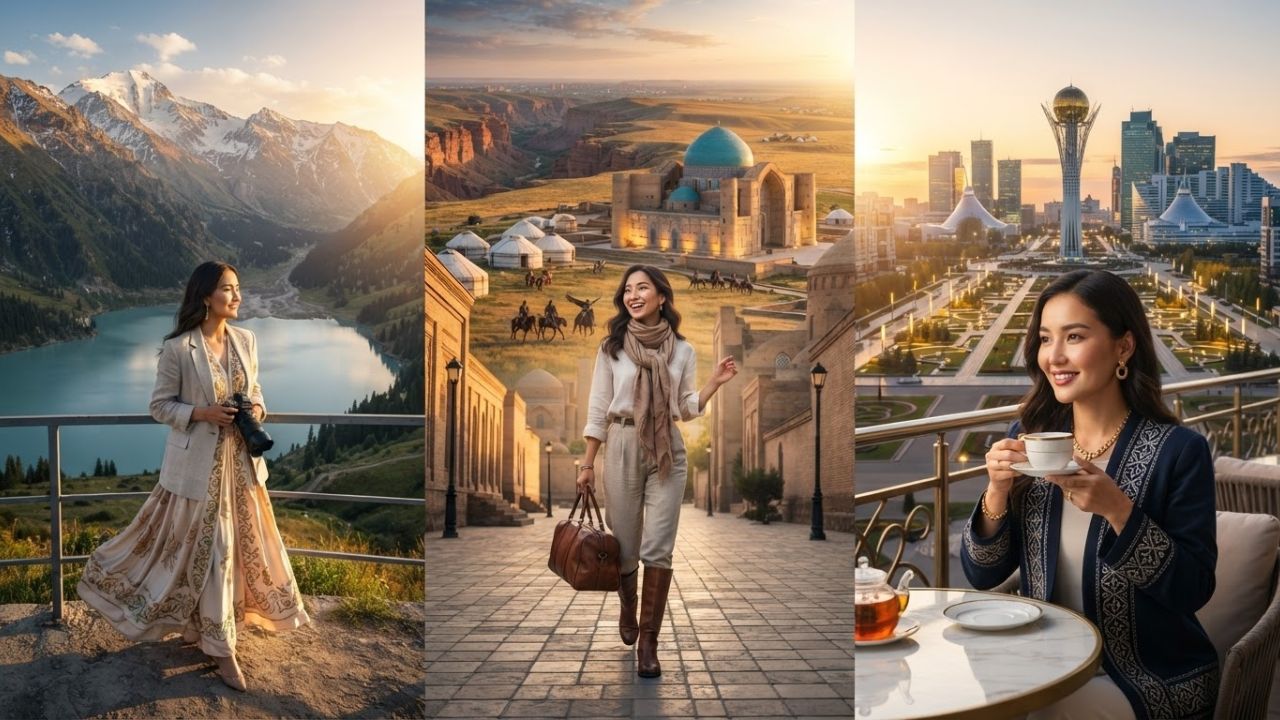 A scenic, photorealistic view of Kazakhstan's dramatic mountains and Almaty lakes, depicting outdoor adventure travel under clear skies.