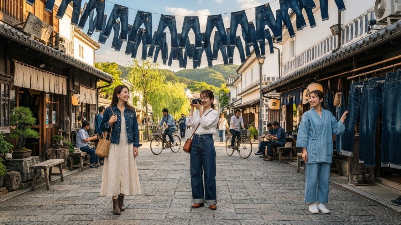 A scenic travel photograph showing blue denim jeans hanging decoratively over a quiet street in Kojima, Kurashiki City, Okayama, representing traditional craftsmanship in Japan.
