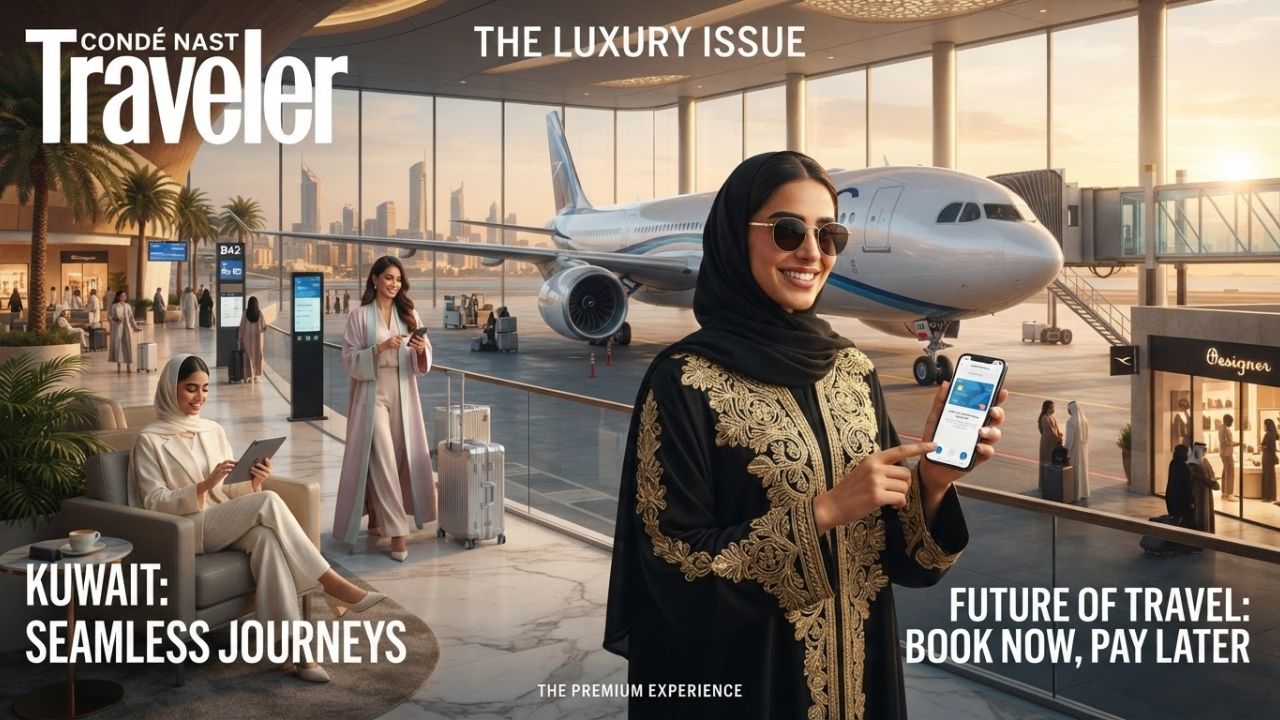 A passenger confirming a flight booking on a tablet inside a modern departure lounge, with a Kuwait Airways commercial aircraft visible on the tarmac.