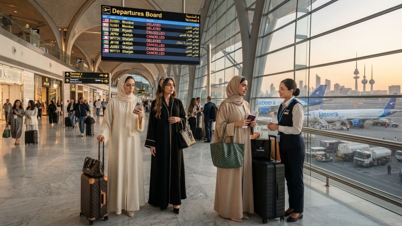 Departures hall showing flight schedule boards at Kuwait International Airport