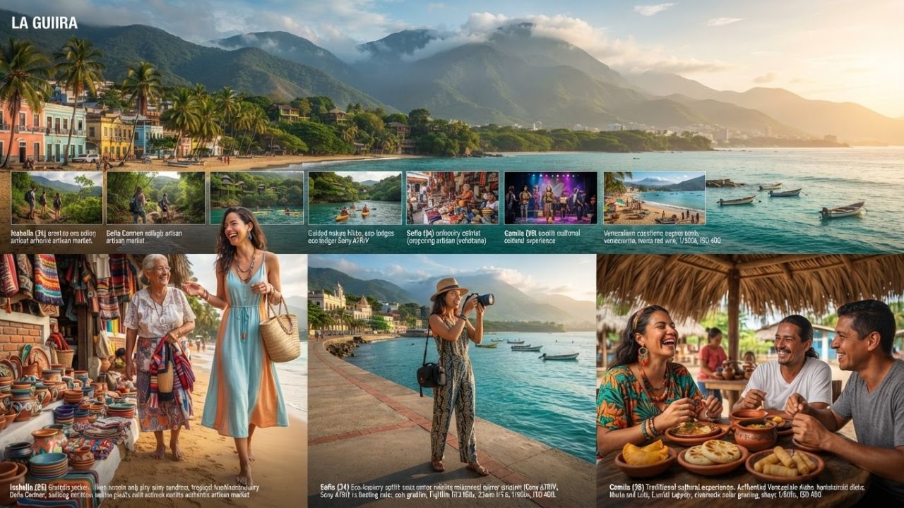 A stunning view of the Caribbean coast in La Guaira, Venezuela, showing community-led eco-tourism setups and sustainable beaches.