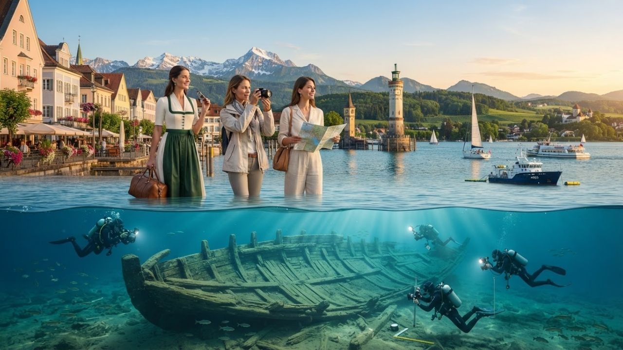 A photorealistic rendering of wooden ship ribs resting half-buried in dark sand under clear, greenish lake water.