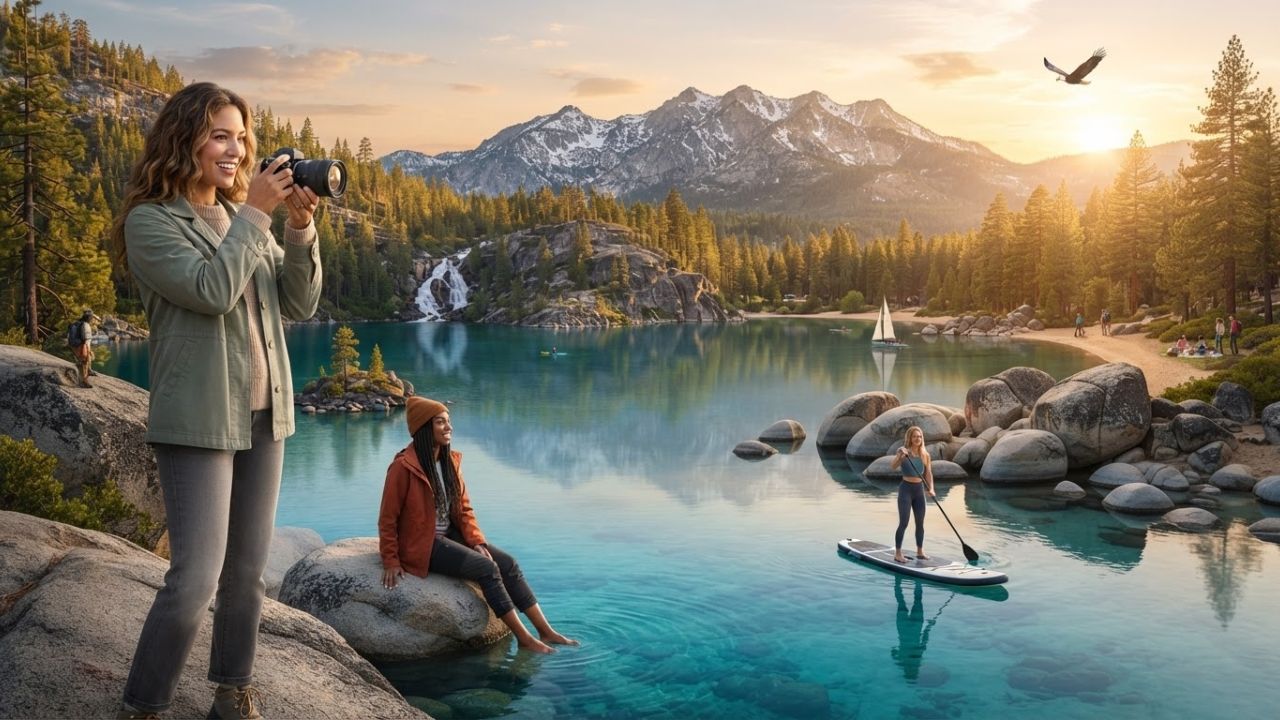 A scenic sunrise view of Emerald Bay at Lake Tahoe with towering pine trees, clear blue water, and snow-capped mountains in the background.