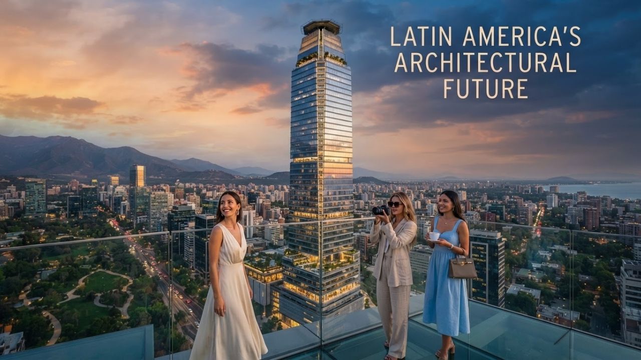 A stunning, futuristic travel photograph showing a magnificent 484-meter skyscraper soaring high into a modern city skyline at dusk, representing future landmarks.