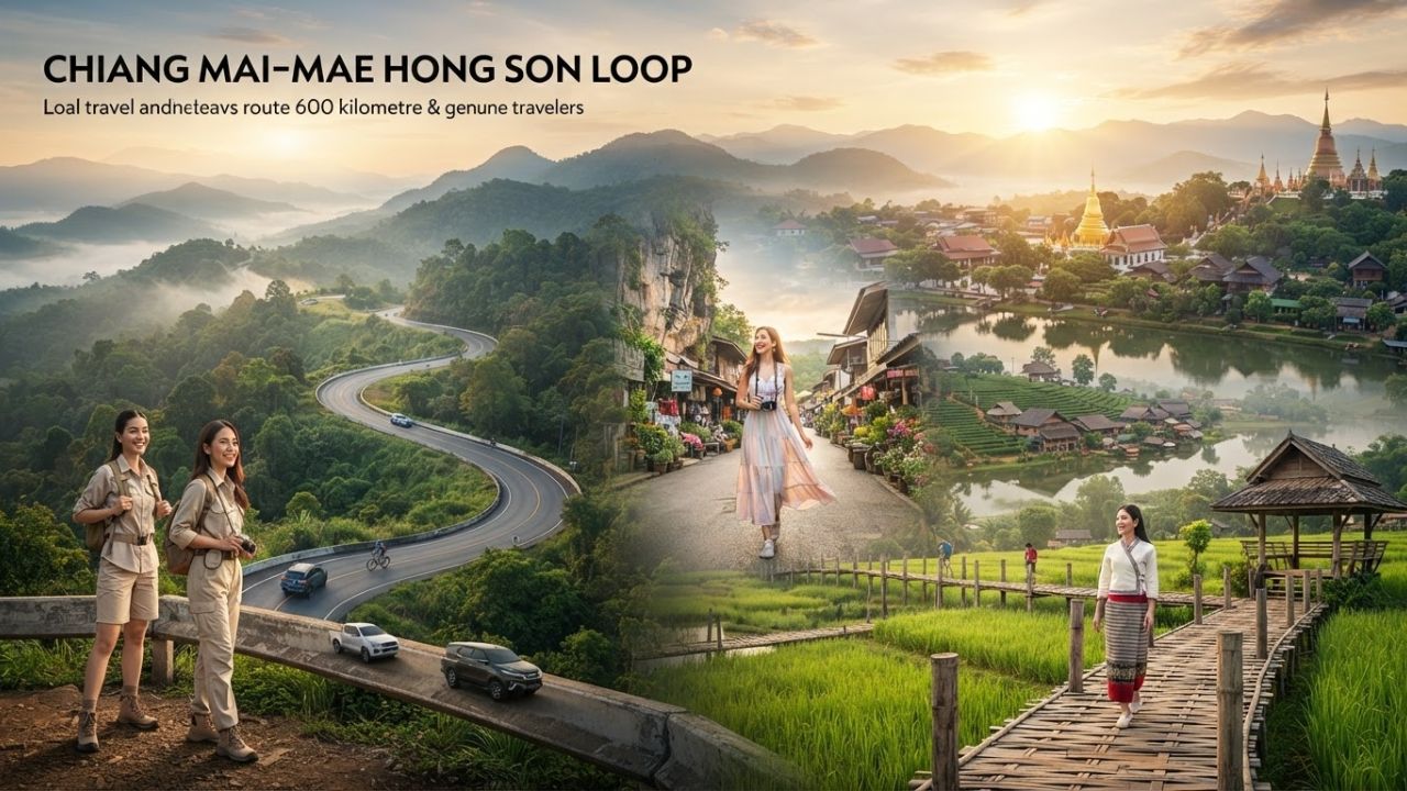 A scenic view of a winding mountain highway surrounded by dense green forest under a misty sky on the Mae Hong Son Loop, Thailand.