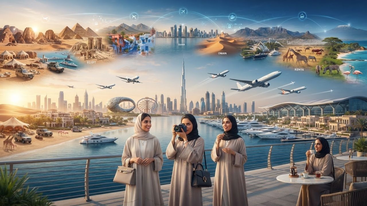 A futuristic skyline blending modern glass towers with traditional Middle Eastern architecture under a dramatic golden twilight sky.