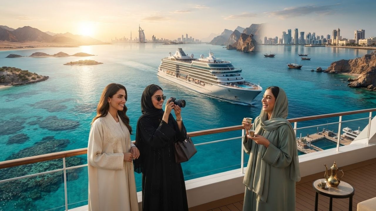 A photorealistic view of a luxury cruise liner navigating through clear turquoise waters near pristine desert islands under bright skies.