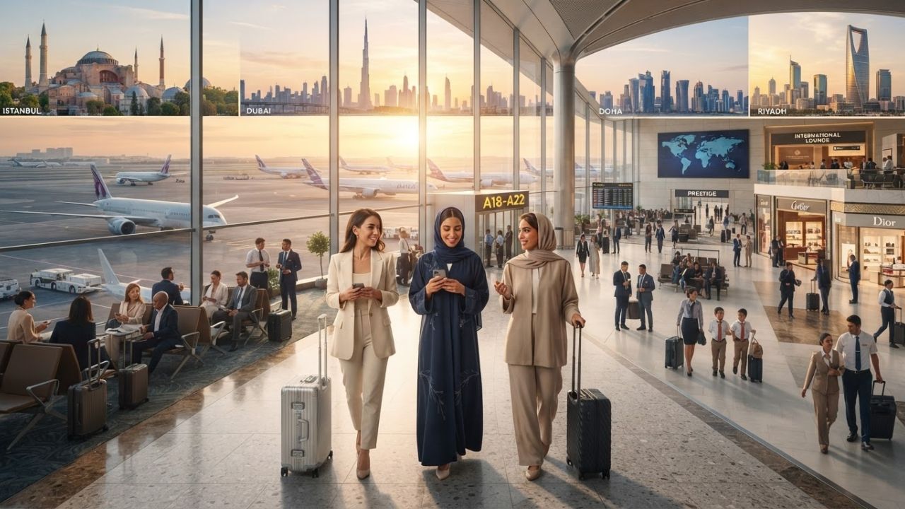 A photorealistic depiction of commercial flight paths overlaying a map of the Middle East, illustrating route security changes.
