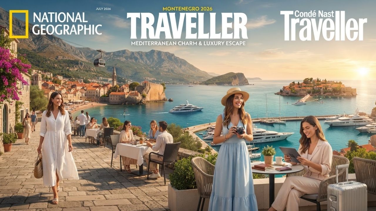 A scenic view of the historic red-roofed buildings of Kotor Old Town overlooking the quiet blue waters of the Adriatic bay in Montenegro.
